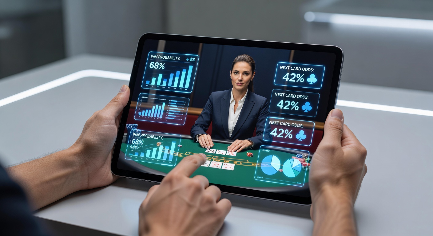 Mobile device displaying augmented reality probability overlays during a live dealer blackjack session