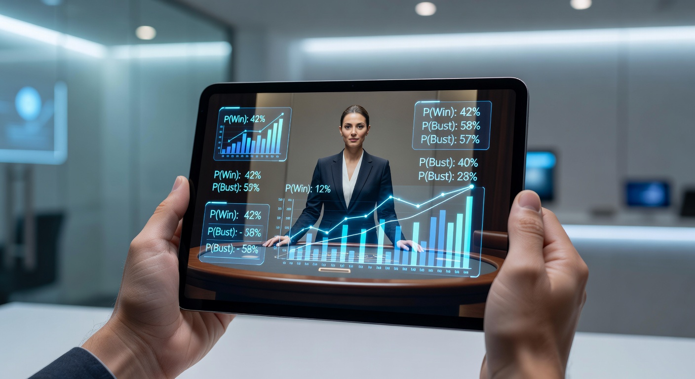 Close-up view of AR probability graphics overlaid on a live dealer poker table seen through a tablet screen