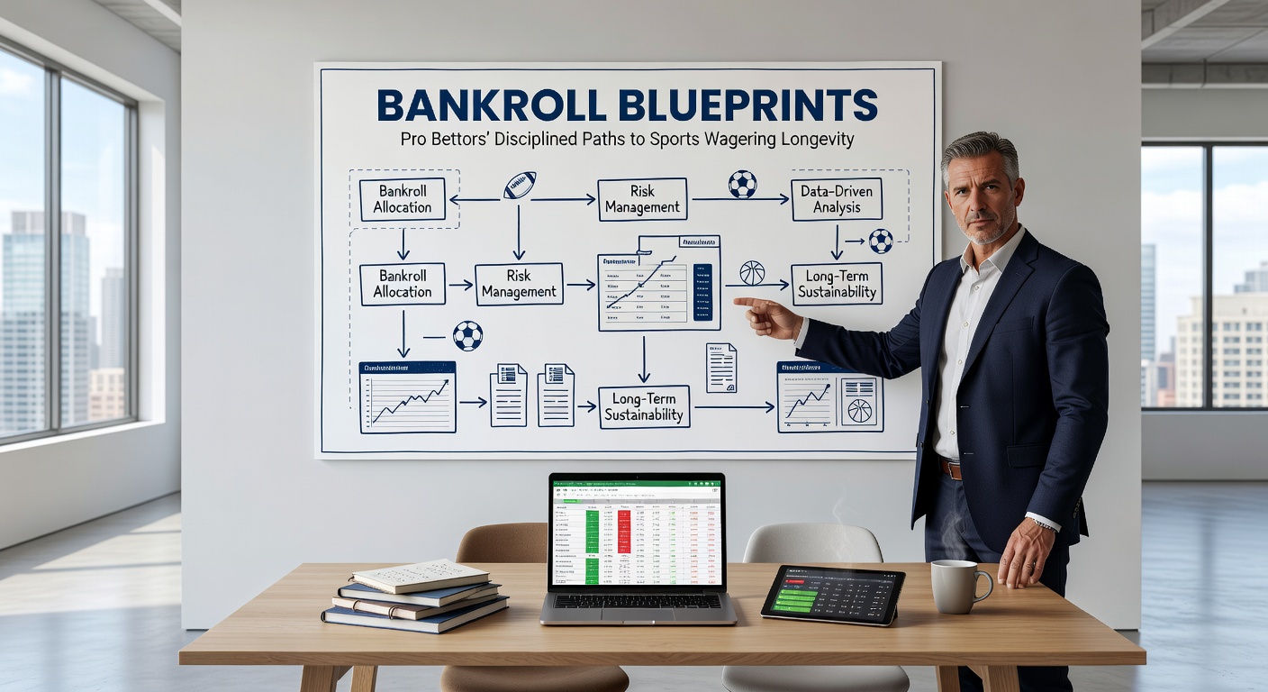 Professional bettor analyzing sports data on multiple screens, with bankroll charts visible