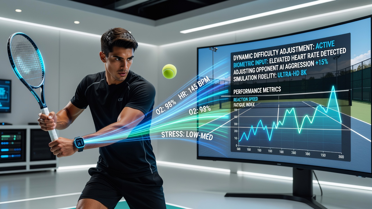 Athlete wearing biometric sensors during a virtual sports simulation session with real-time data overlays
