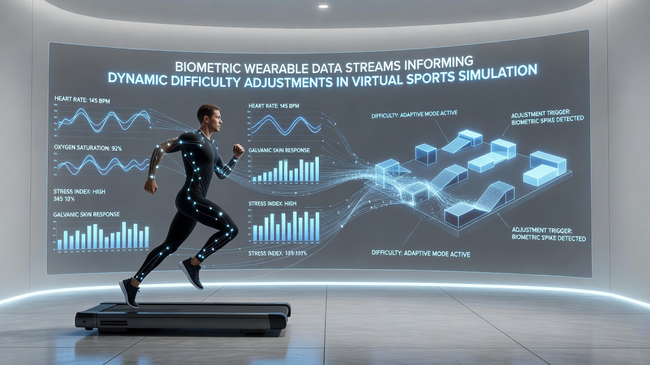 Close-up of data visualization showing biometric streams influencing virtual soccer match difficulty settings