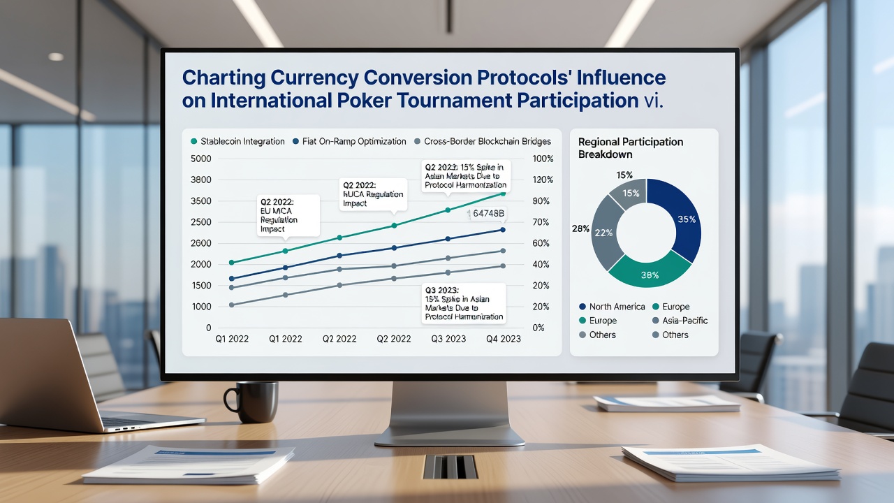 Analytics dashboard showing participation trends from different currency zones in mobile poker events