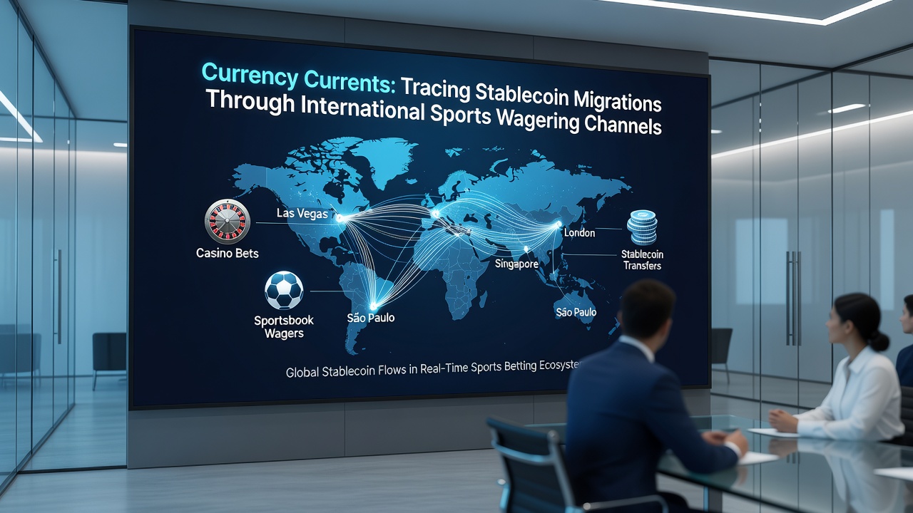 Blockchain visualization showing stablecoin wallet activity connected to sports betting operators across continents