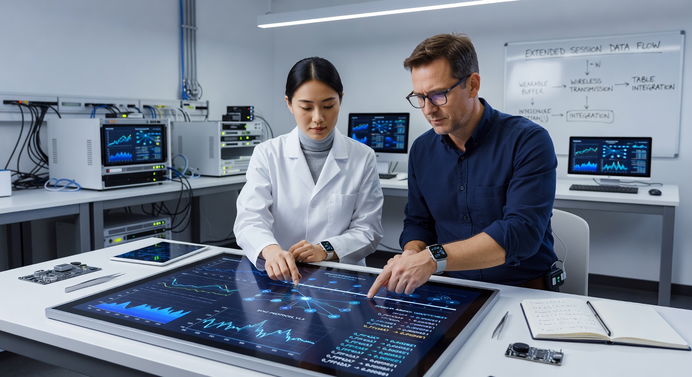 Wearable sensors syncing with digital table interfaces during extended collaborative sessions