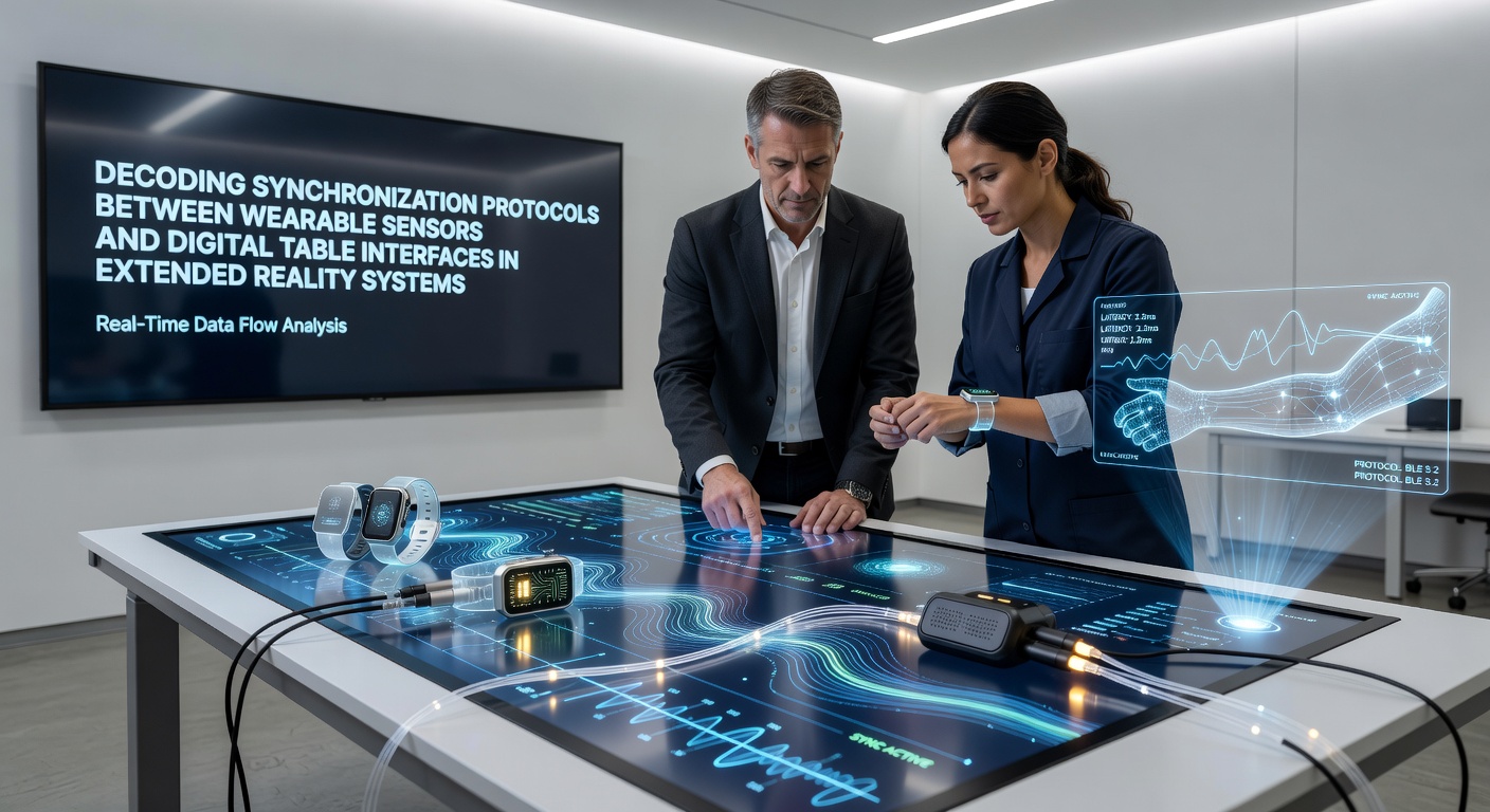 Close-up of protocol timing diagrams and sensor data streams on a digital table display