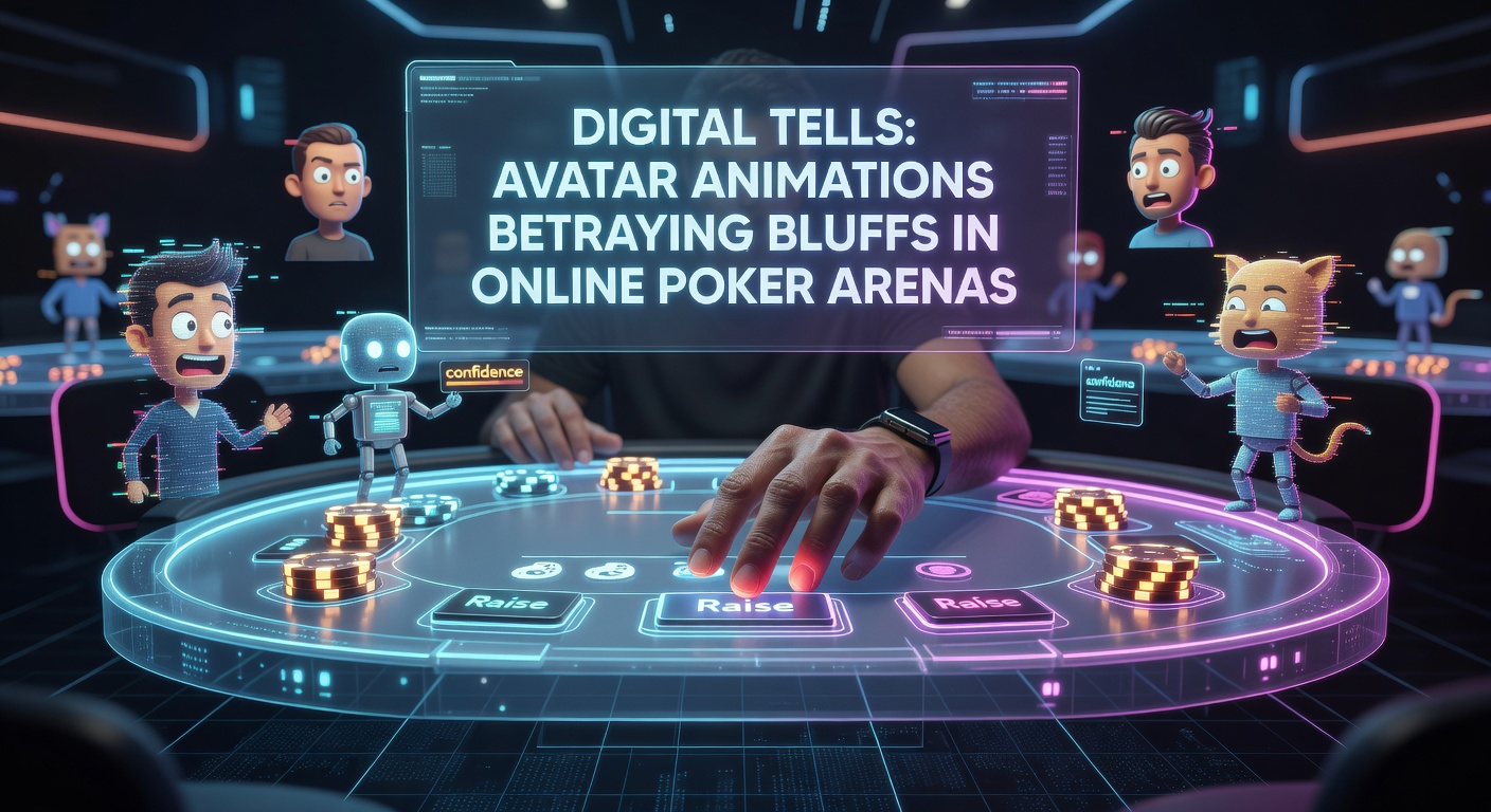 Animated poker avatar showing subtle hesitation during a bluff, with digital particles highlighting micro-movements