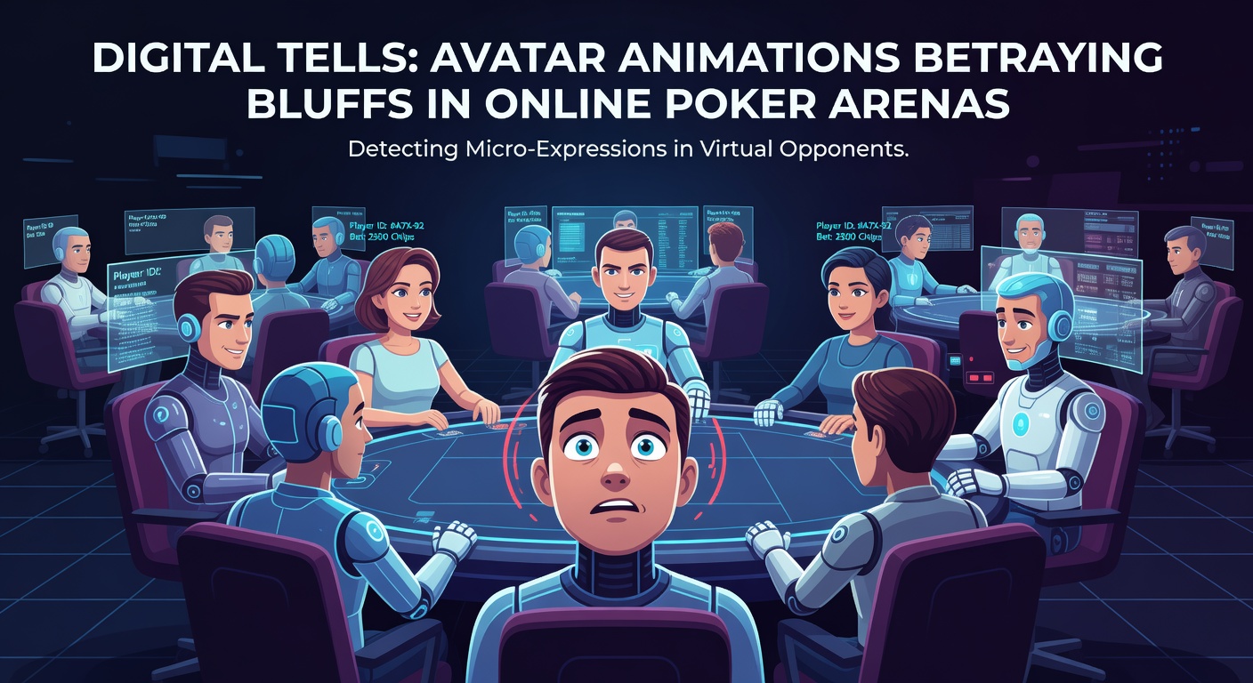 Close-up of poker table interface displaying multiple avatars with highlighted tell animations, including delayed bets and fidgety idles
