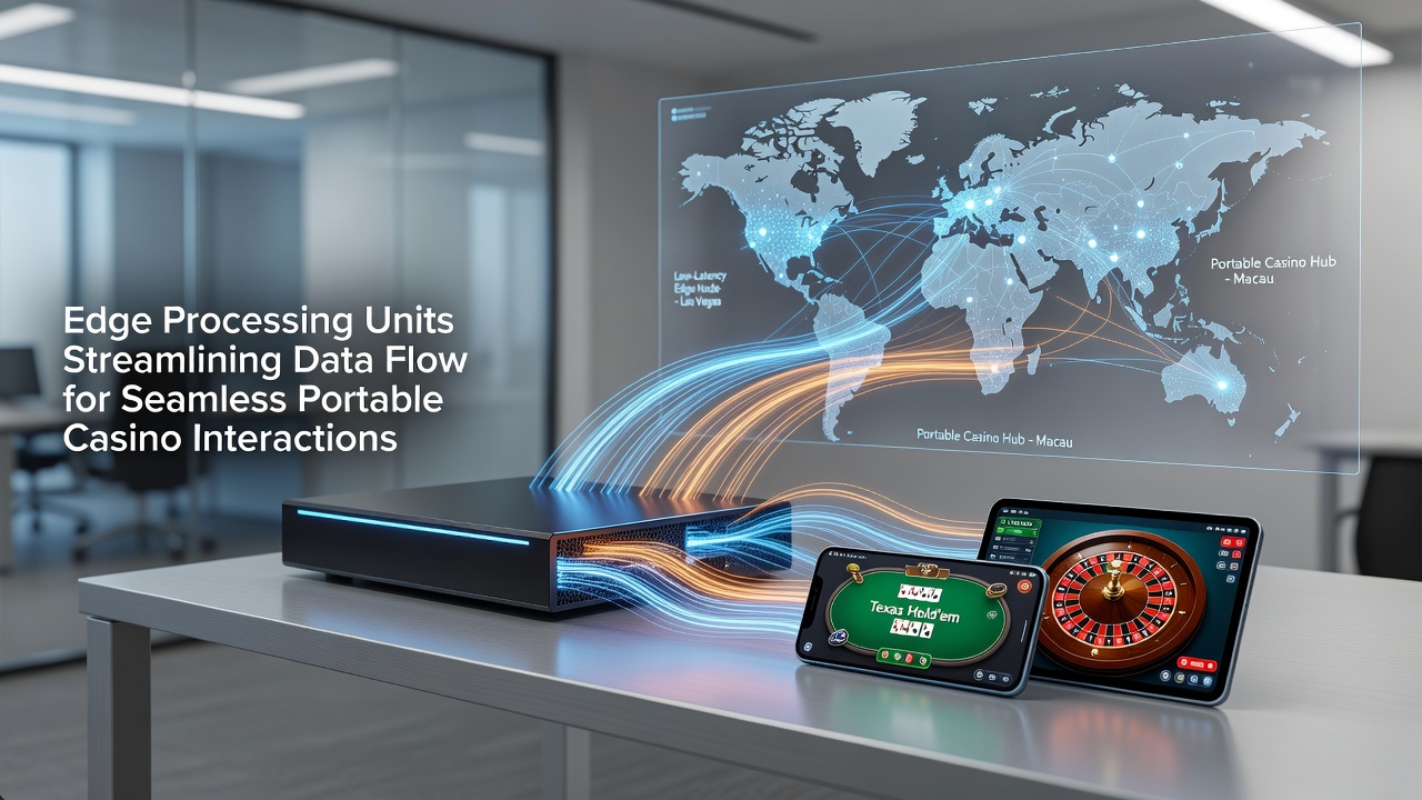 Network diagram illustrating edge nodes managing casino data packets between mobile devices and central servers