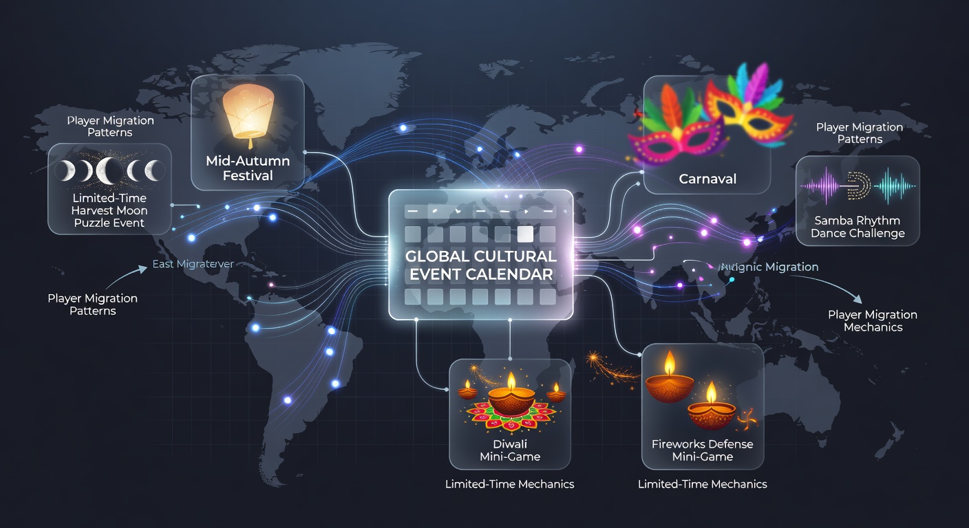 Global digital platforms showing cultural event-driven game interfaces and player activity maps