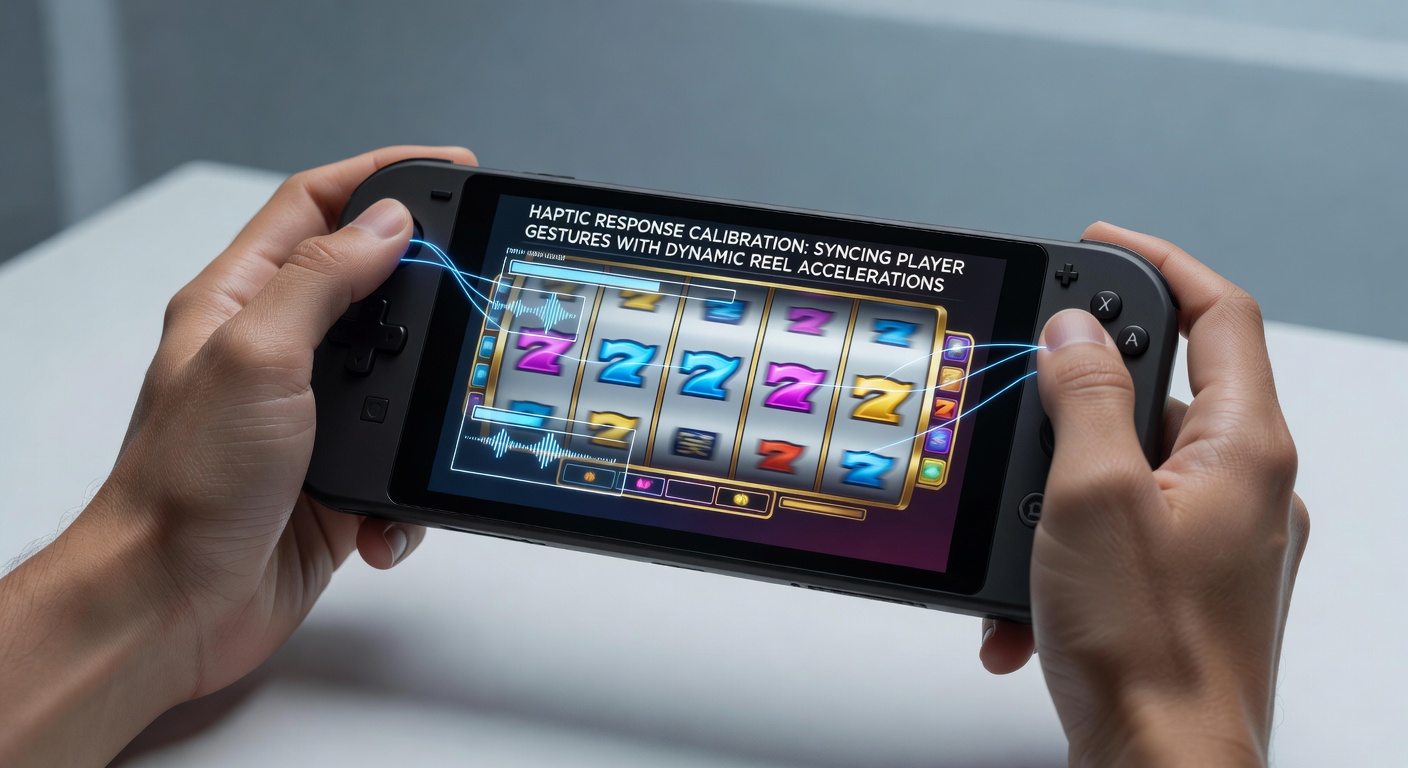 Handheld device displaying synchronized haptic feedback during reel spin on a mobile slot game interface