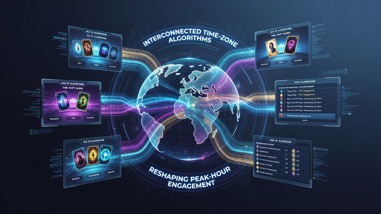 Global virtual card arena interface showing time-zone synchronized player activity maps across multiple continents