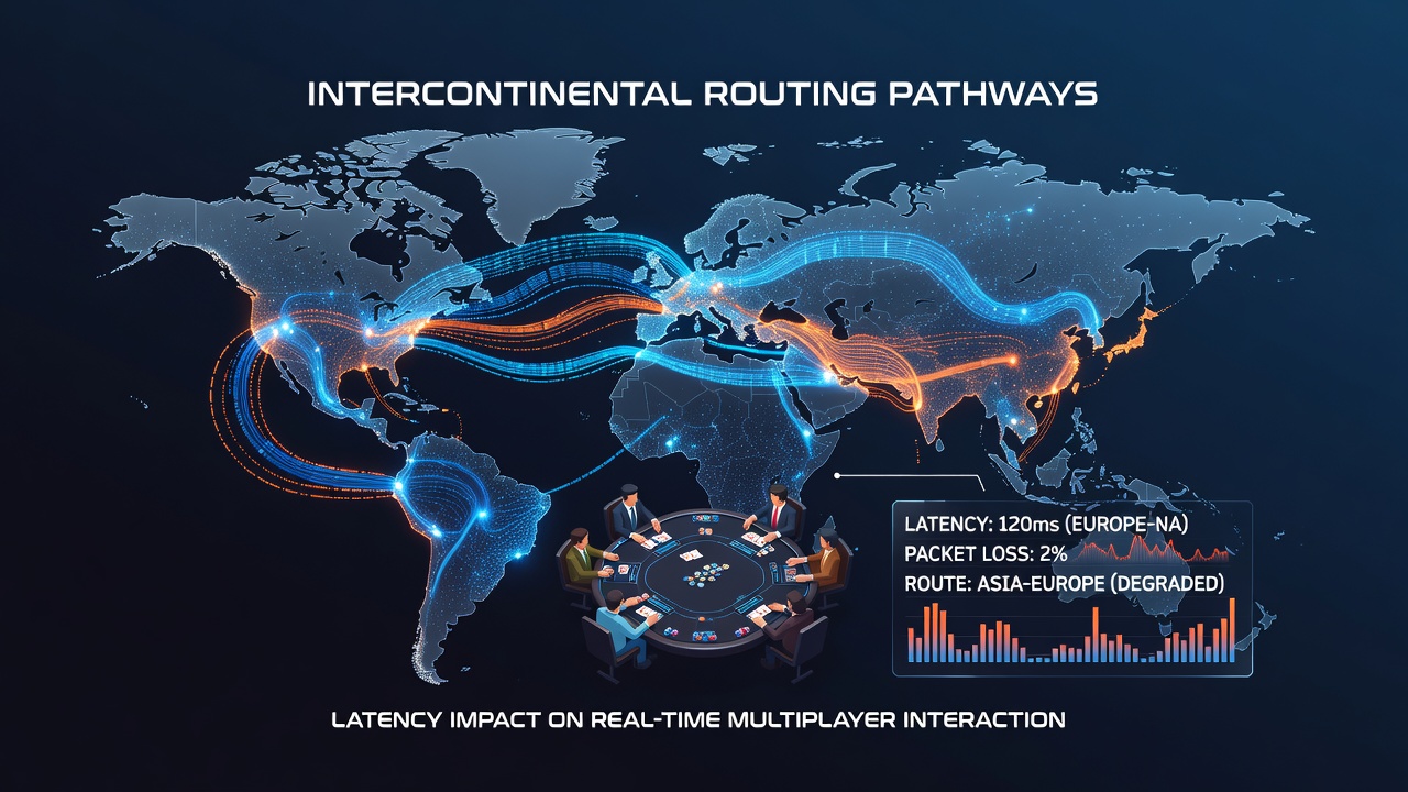 Diagram illustrating latency variations across different intercontinental routes in online multiplayer gaming environments