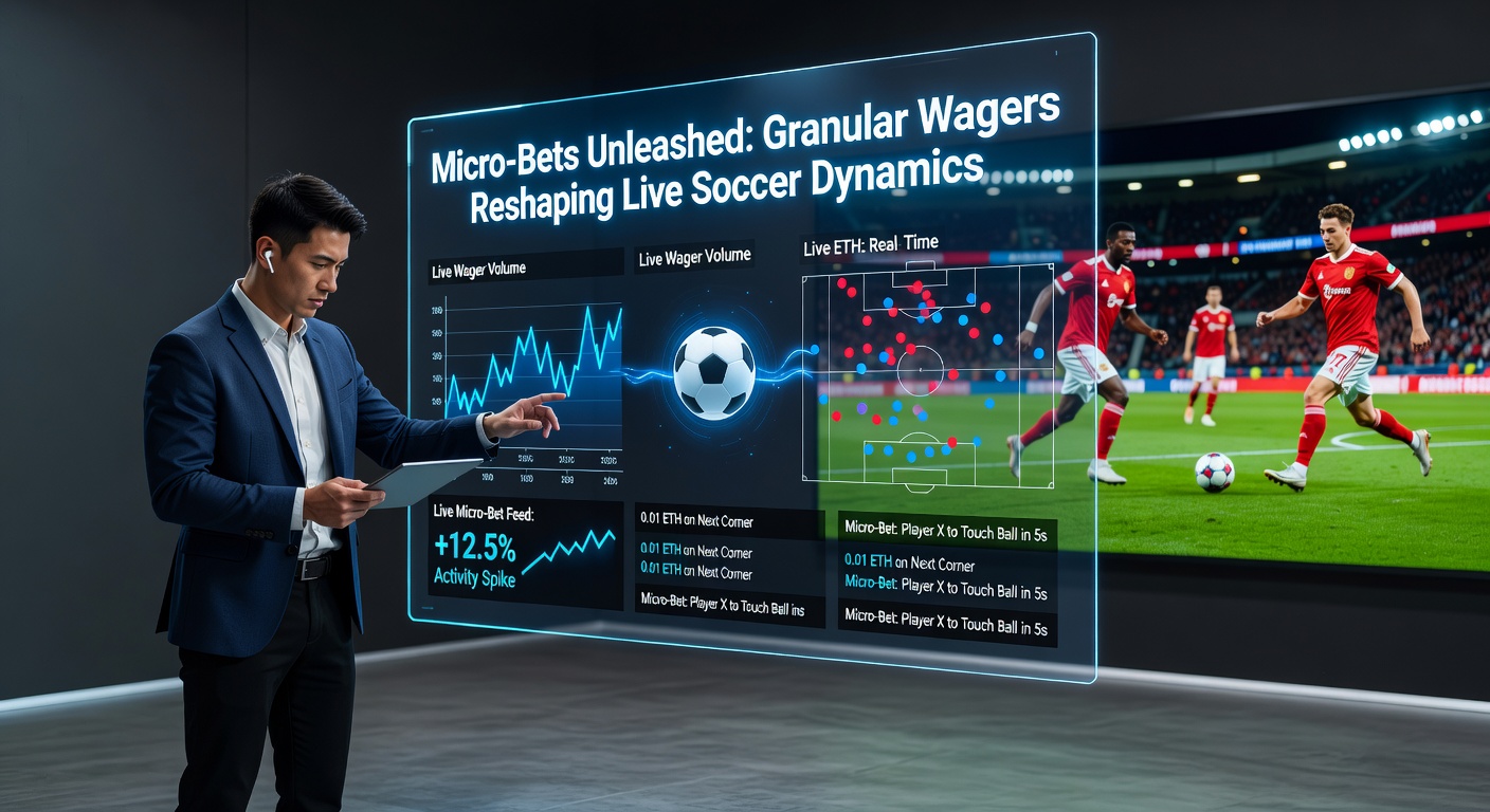 Dynamic live soccer match with overlaid micro-bet options highlighting in-play granular wagers on corners, shots, and player actions