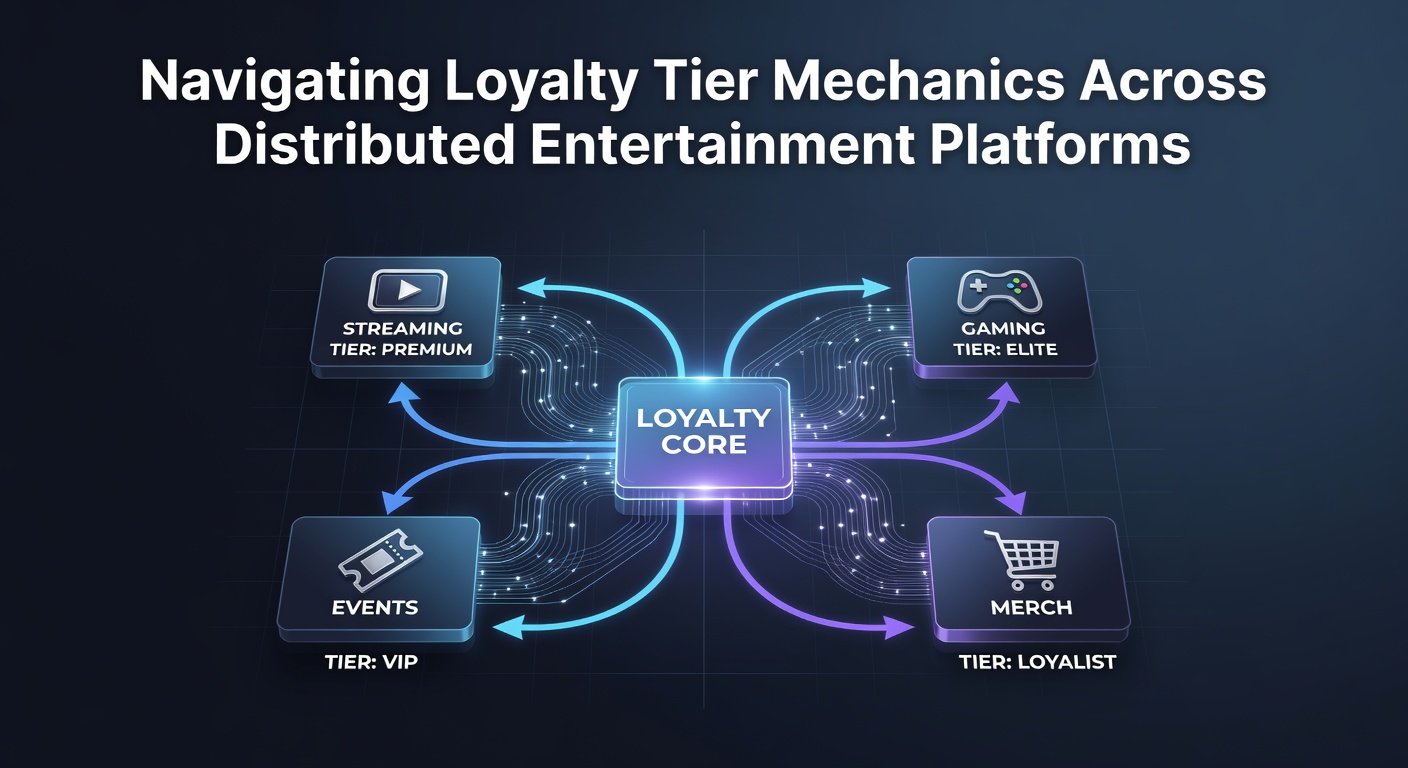 Illustration of interconnected loyalty tier systems across multiple entertainment platforms showing user progression paths