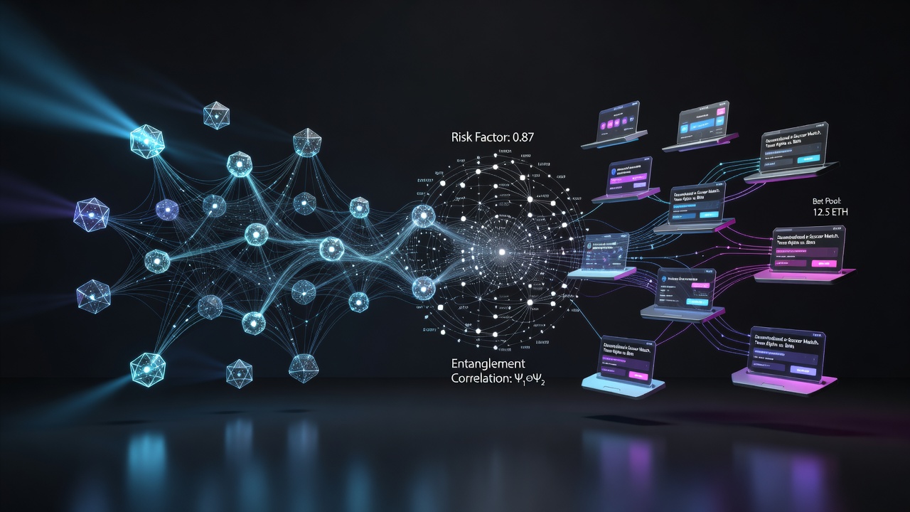 Quantum computing interface displaying entanglement simulation data overlaid on decentralized sportsbook risk models