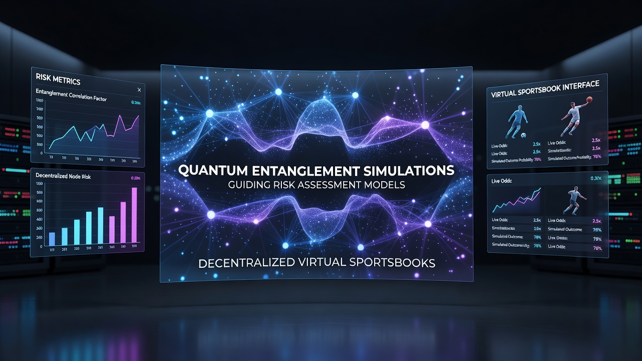 Distributed network visualization showing quantum simulation nodes connected to virtual sportsbook ledgers