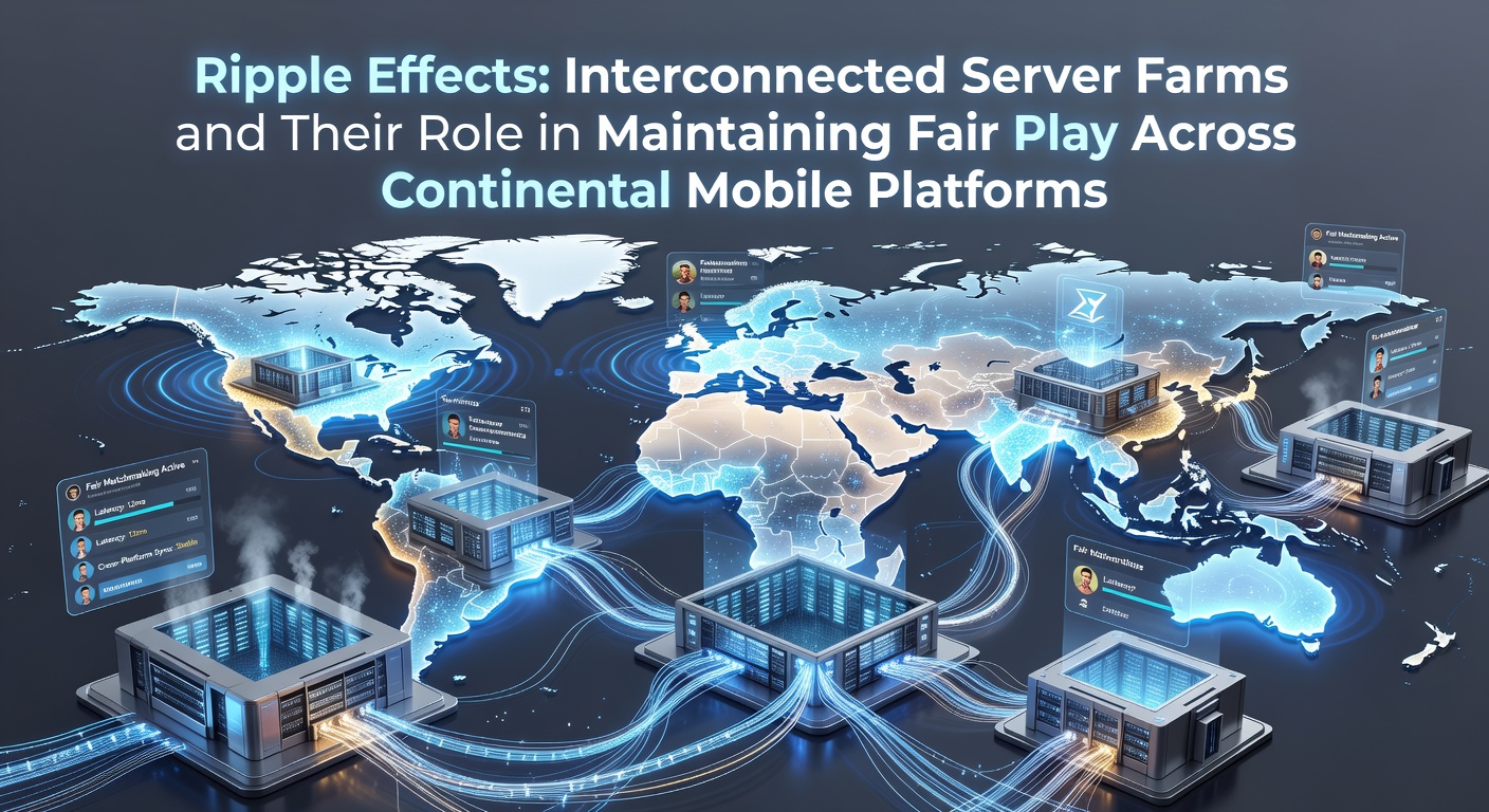 Interconnected server farms with global network visualization showing data synchronization across continents