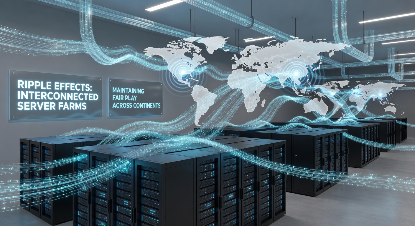Technicians monitoring synchronized server operations with global maps displaying real-time data flow
