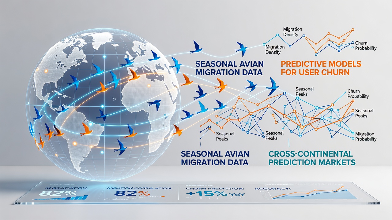 Satellite imagery and tracking data overlay showing seasonal bird migration routes across continents alongside prediction market activity timelines