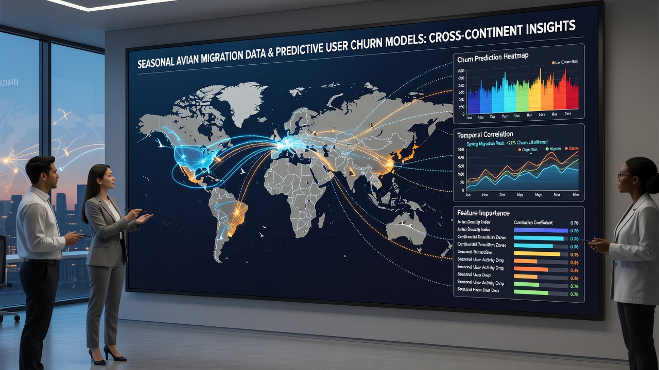 Data visualization dashboard displaying correlation graphs between avian telemetry points and prediction market user retention curves across multiple continents
