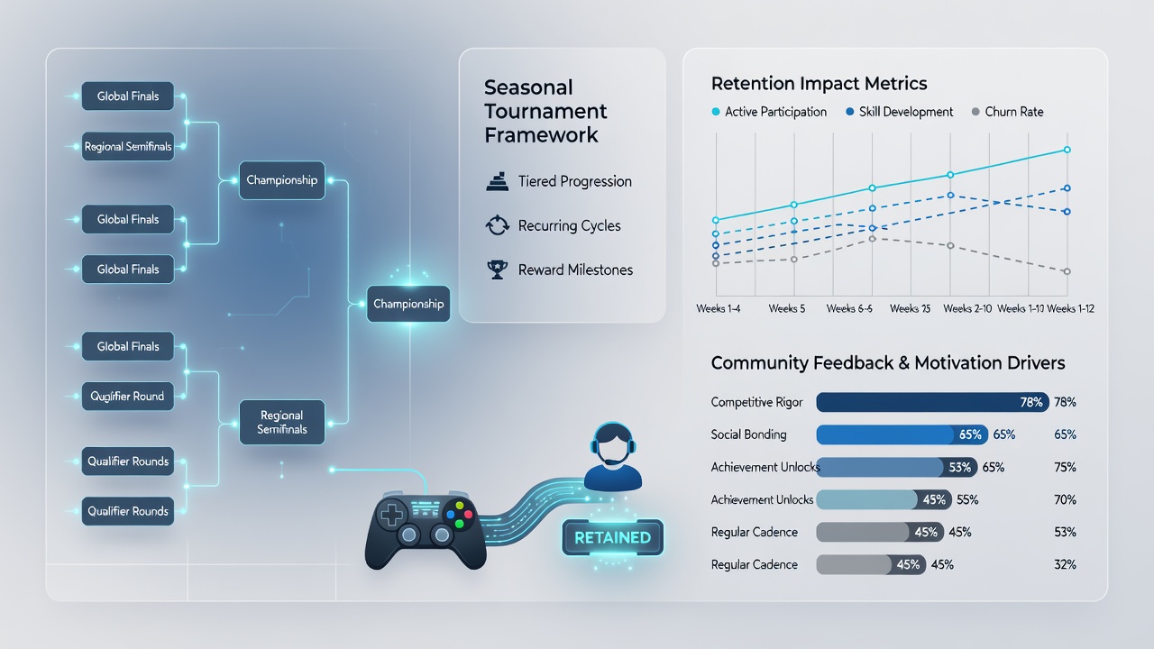 Analytics dashboard displaying retention curves and seasonal tournament participation rates