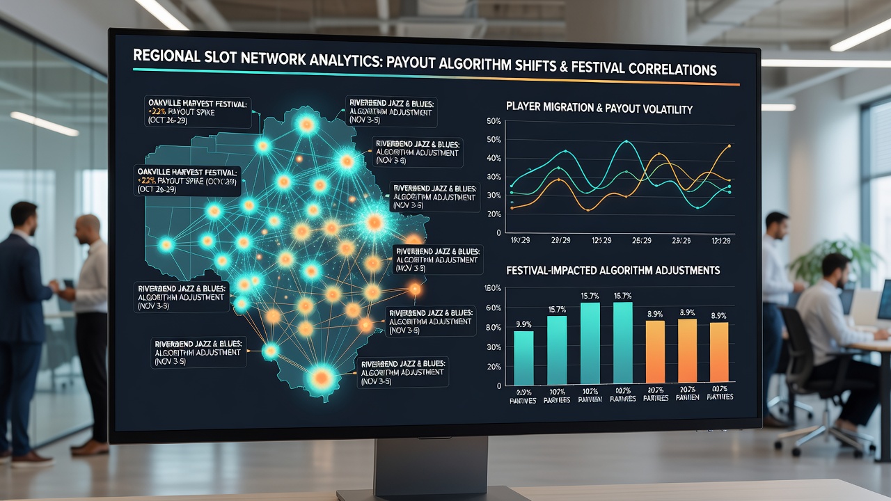 Data dashboards display real-time player migration routes between festival-linked slot venues across multiple states