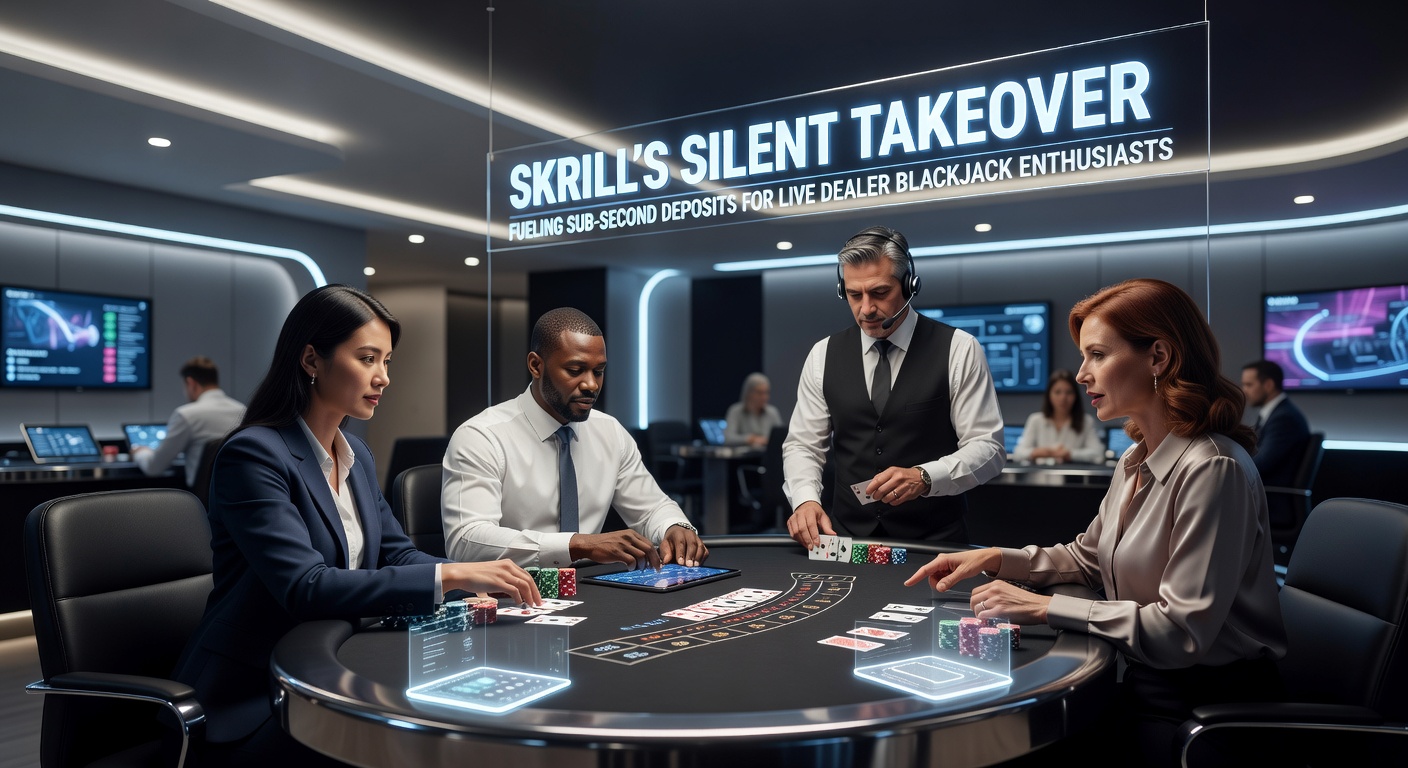 Live dealer blackjack table on screen with Skrill deposit popup confirming funds in under a second, surrounded by player interface elements