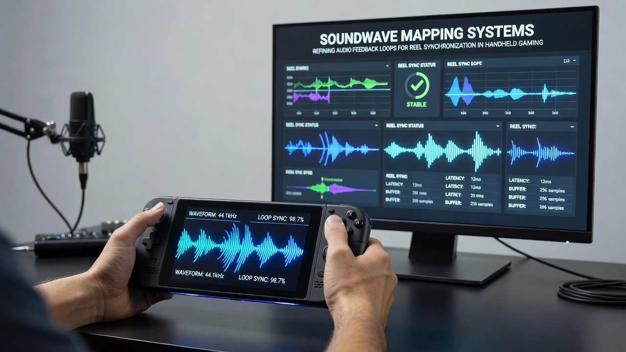 Handheld gaming device displaying synchronized reel visuals with active audio waveform feedback under fluctuating network conditions