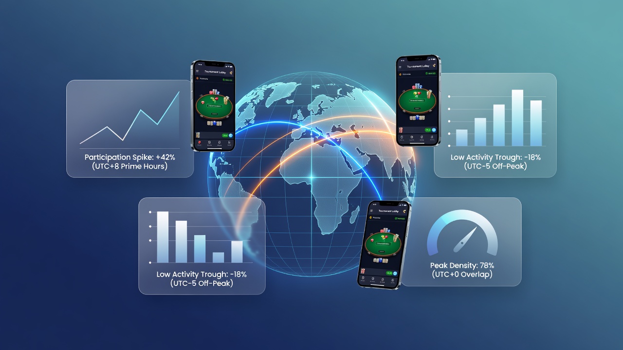Mobile poker players across different timezones engaging in tournaments on their devices during peak evening hours