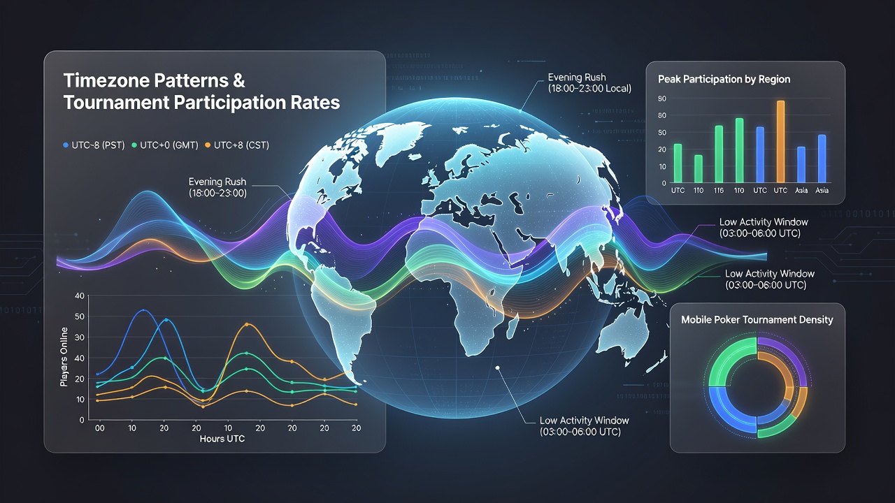 Analytics dashboard displaying timezone-based participation graphs for mobile poker tournaments across continents