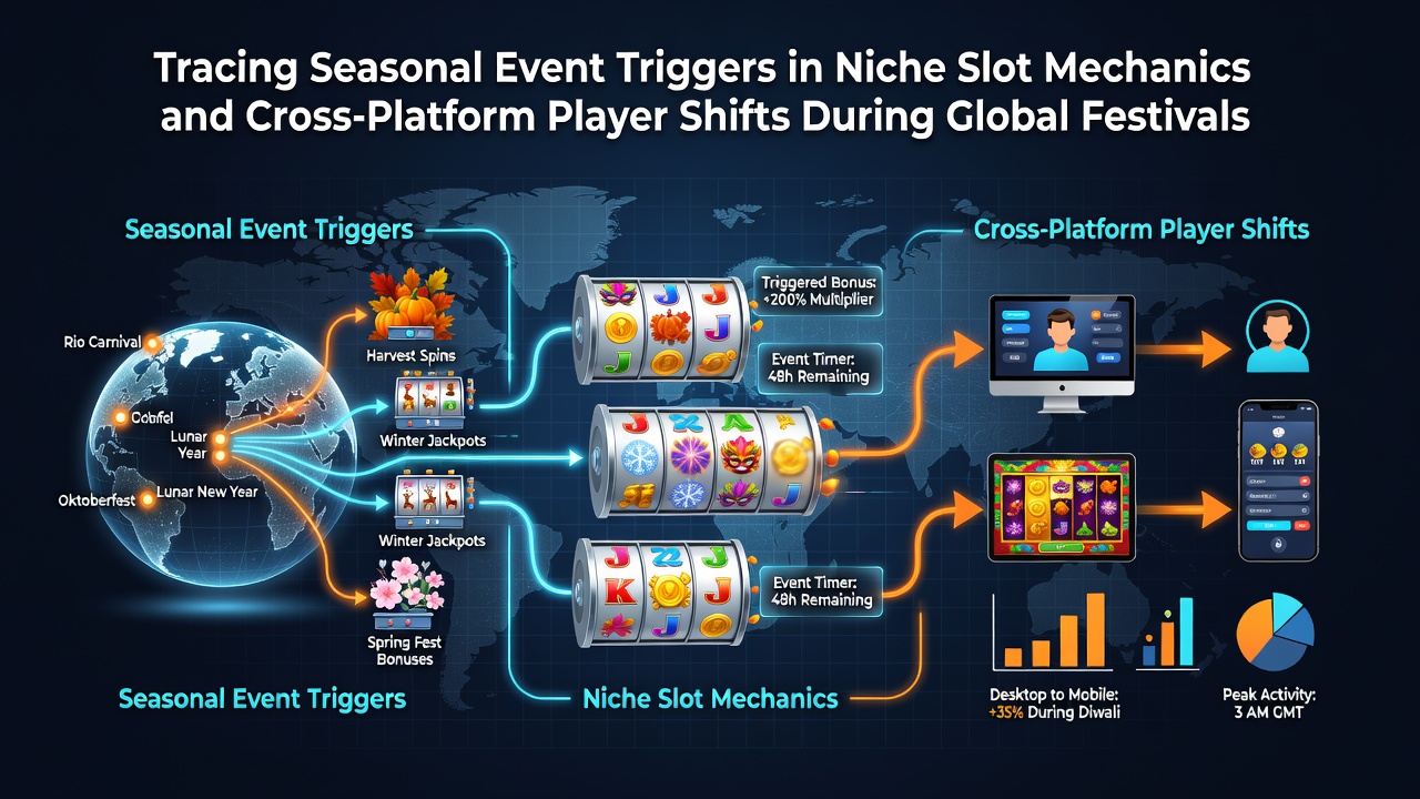 Visual representation of seasonal slot mechanics activated during global festivals with cross-platform player activity indicators